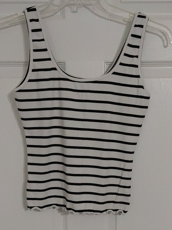 Tops - White and Black Striped Cropped Tank Top